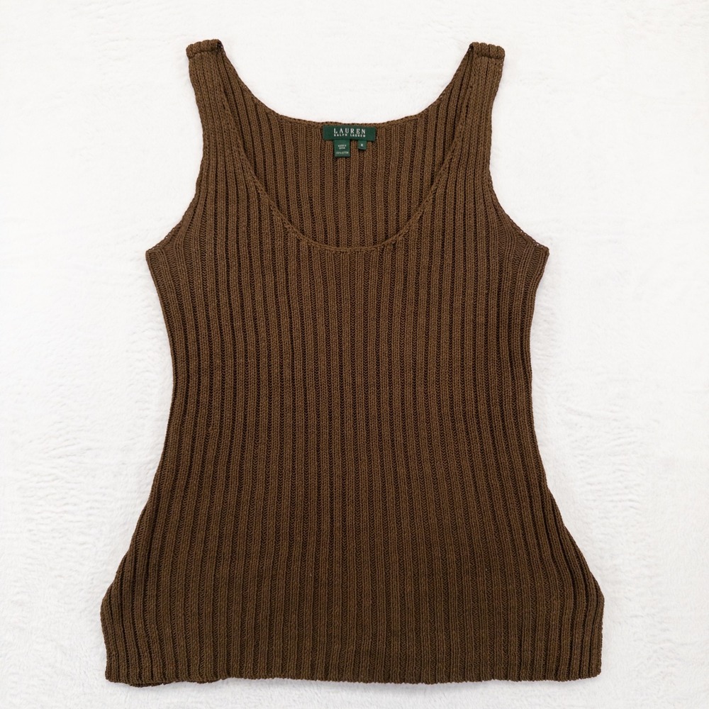 Lauren Ralph Lauren Tank Top Womens Medium Brown Rib Knit Cotton Scoop Neck